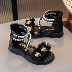 Kid's Synthetic Open Toe Beaded Pattern Hook Loop Closure Sandals