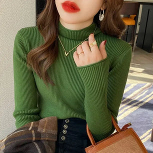 Women's Acrylic Mock-Neck Full Sleeves Knitted Pullover Sweater