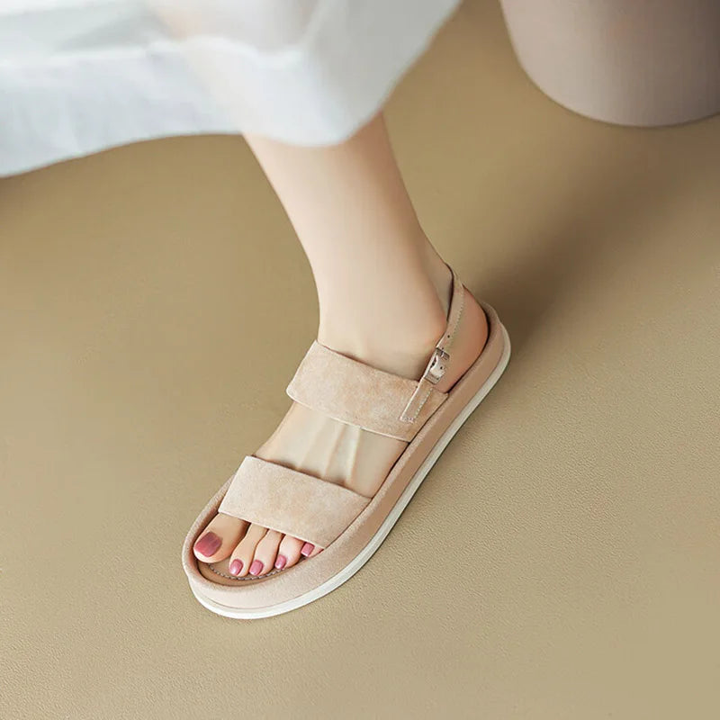 Women's Genuine Leather Round Toe Buckle Strap Closure Sandals