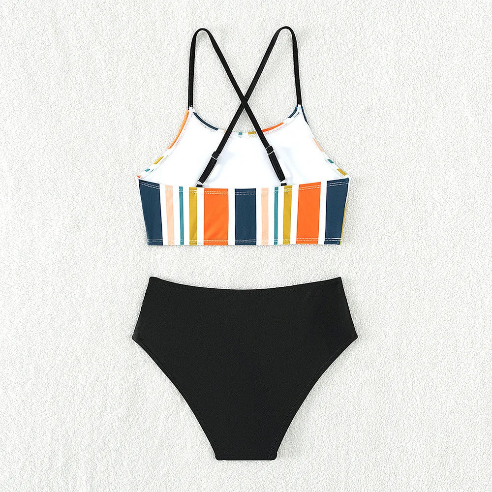 Kid's Polyester O-Neck Striped Pattern Trendy Swimwear Suit