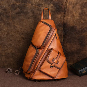 Men's Genuine Leather Solid Pattern Zipper Closure Backpack