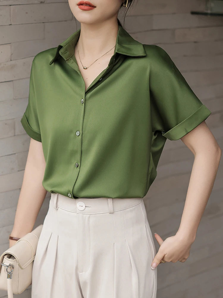 Women's Polyester Turn-Down Collar Short Sleeve Casual Wear Blouse