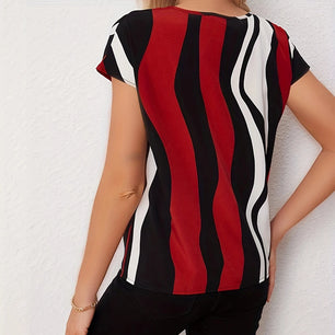 Women's Polyester V-Neck Short Sleeves Striped Pattern Blouse