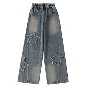 Kid's Cotton Mid Elastic Waist Closure Casual Denim Trousers