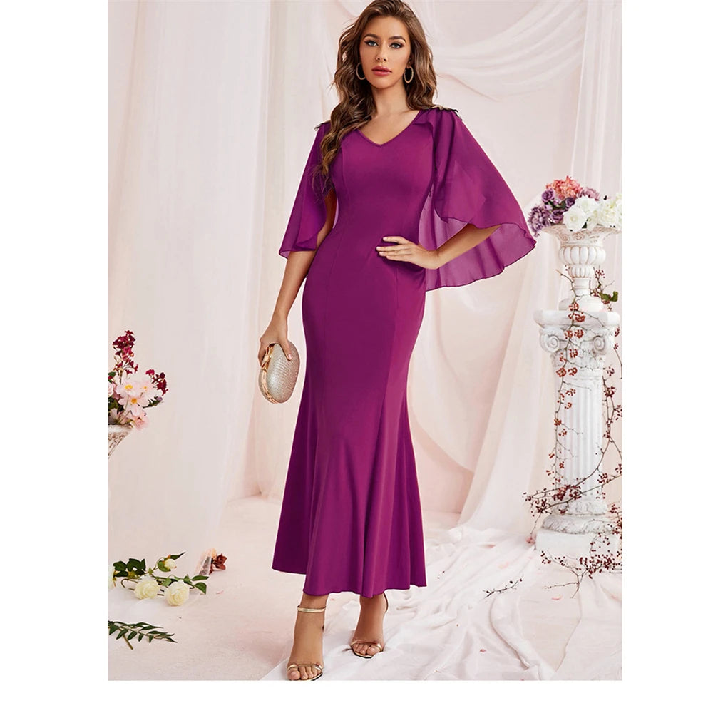 Women's V-Neck Polyester Long Sleeve Plain Pattern Party Dress