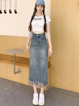 Women's Polyester High Waist Solid Pattern Casual Denim Skirts