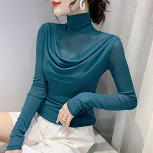 Women's Polyester Turtleneck Long Sleeves Solid Pattern Blouse