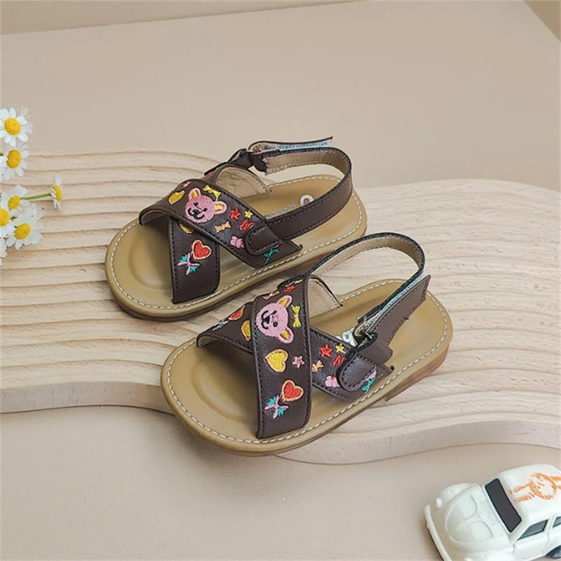 Kid's PU Open Toe Hook Loop Closure Printed Pattern Casual Sandals