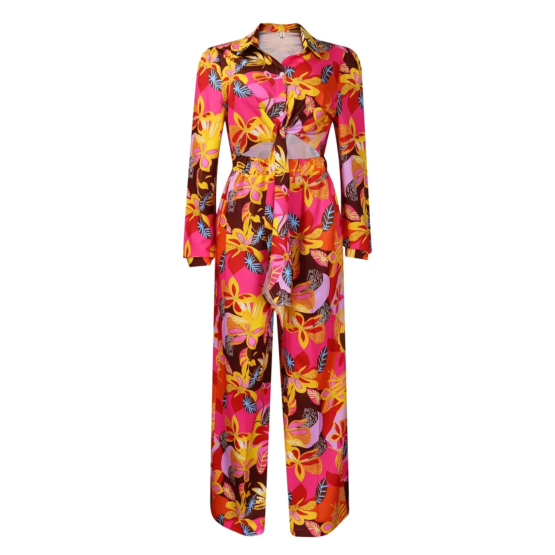 Women's Polyester Turn-Down Collar Long Sleeves Printed Jumpsuit