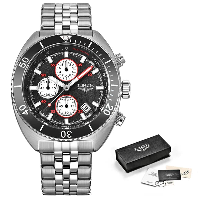 Men's Stainless Steel Push Button Hidden Clasp Waterproof Watches