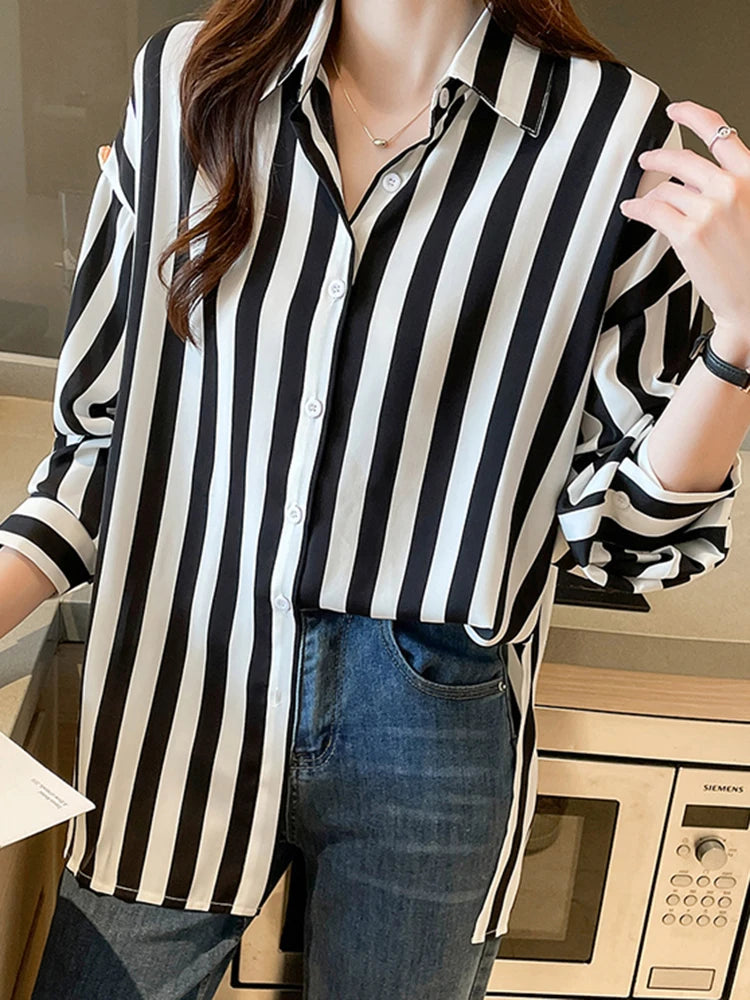 Women's Polyester Turn-Down Collar Long Sleeves Striped Blouse