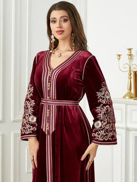 Women's Arabian Velvet Full Sleeves Embroidery Pattern Dress