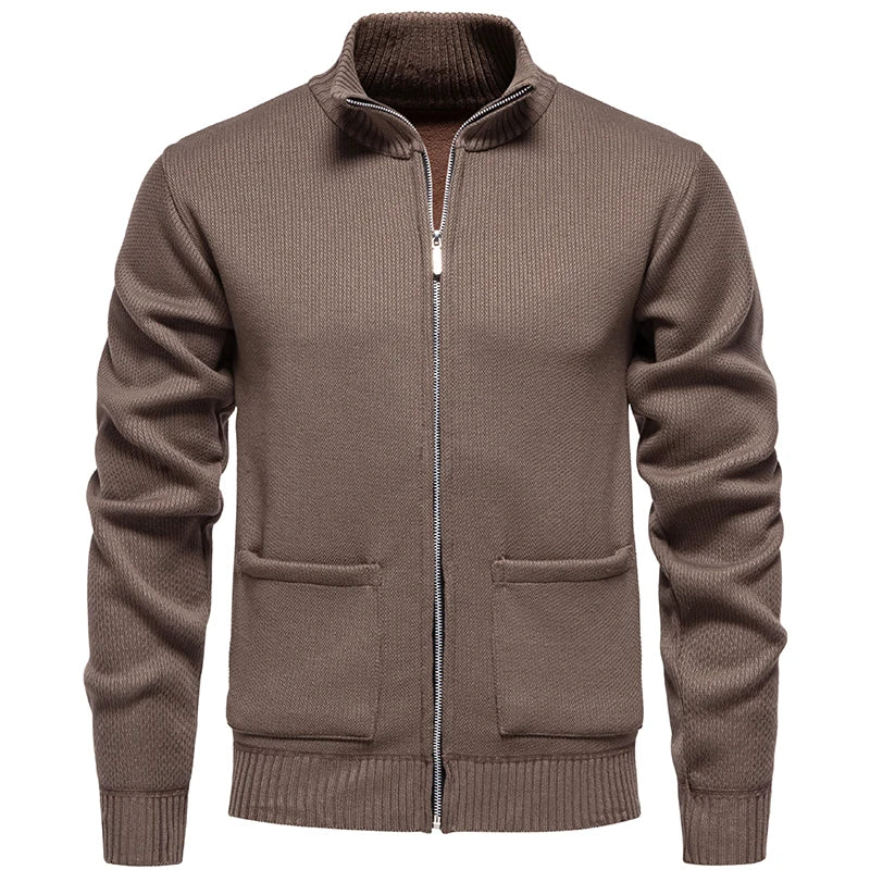 Men's Polyester Mandarin Collar Full Sleeves Zipper Sweater