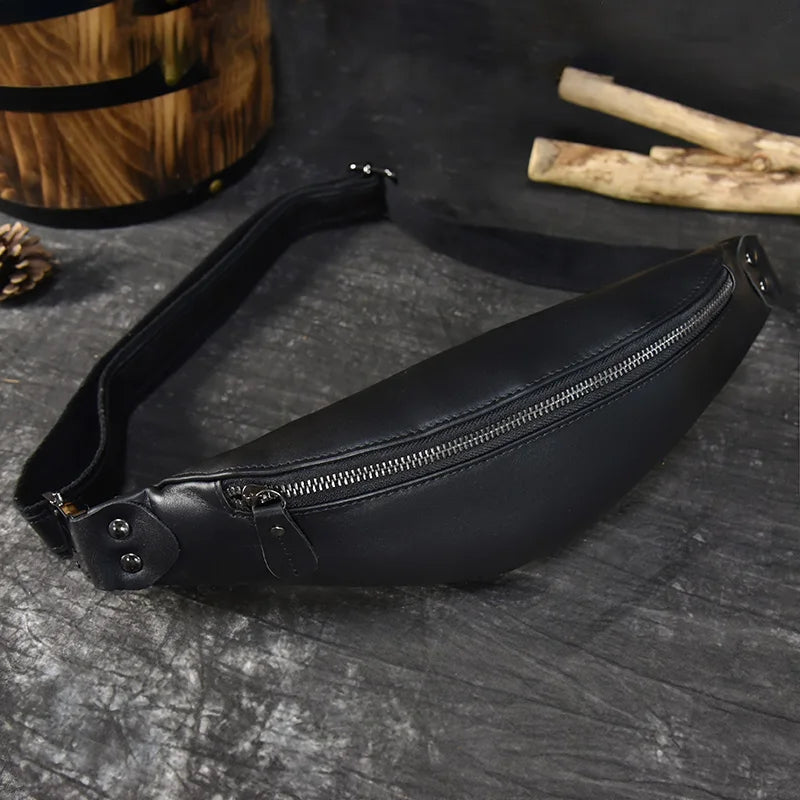 Men's Genuine Leather Solid Pattern Zipper Closure Waist Pack