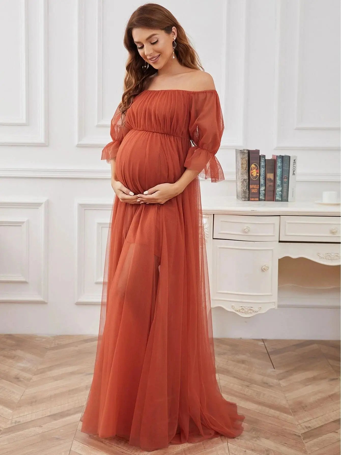 Women's Polyester Square-Neck Short Sleeve Pleated Maternity Dress