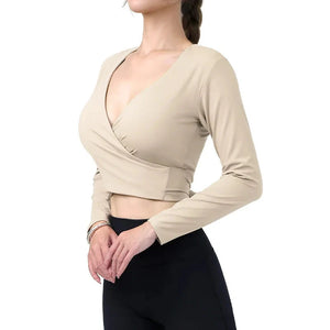 Women's V-Neck Nylon Long Sleeves Yoga Fitness Sport Crop Tops