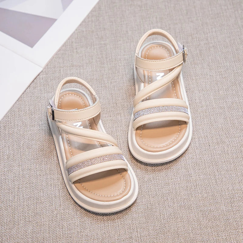 Kid's PU Open Toe Hook Loop Closure Rhinestone Casual Sandals