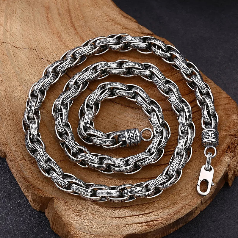 Men's 925 Sterling Silver Link Chain Geometric Pattern Necklace