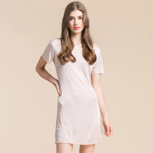 Women's Silk O-Neck Short Sleeves Nightgown Sexy Sleepwear Dress