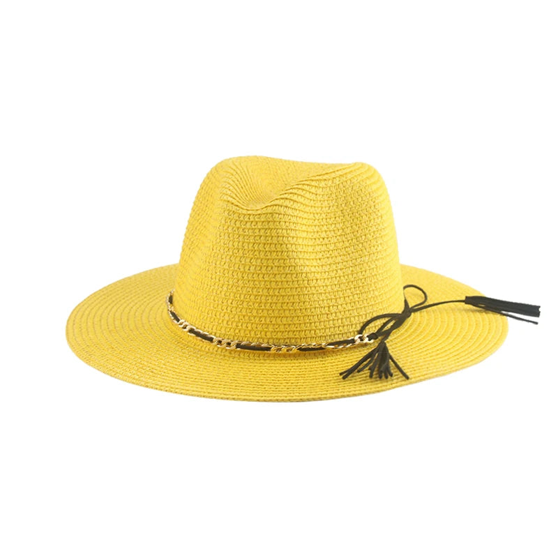 Women's Straw Solid Pattern Trendy Sun Protection Chain Brim Hat