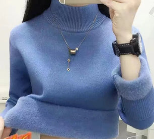 Women's Acrylic High-Neck Long Sleeve Pullover Casual Sweater