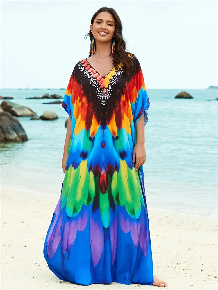 Women's Polyester V-Neck Short Sleeve Printed Pattern Maxi Dress