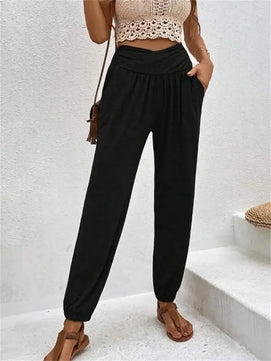 Women's Polyester Elastic Closure High Waist Casual Wear Trousers