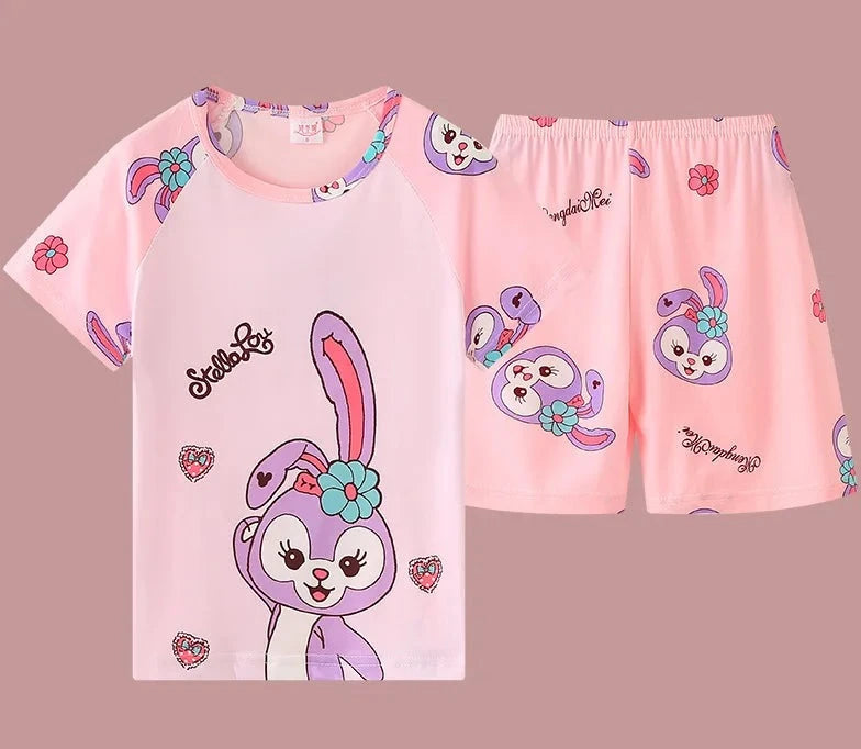 Kid's Polyester O-Neck Short Sleeve Cartoon Pattern Sleepwear Set