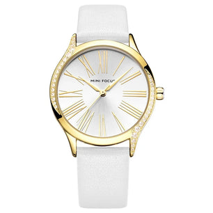 Women's Leather Round Shaped Waterproof Elegant Luxury Watch