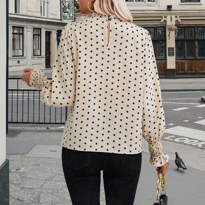 Women's Polyester O-Neck Long Sleeves Dotted Pattern Mini Blouse