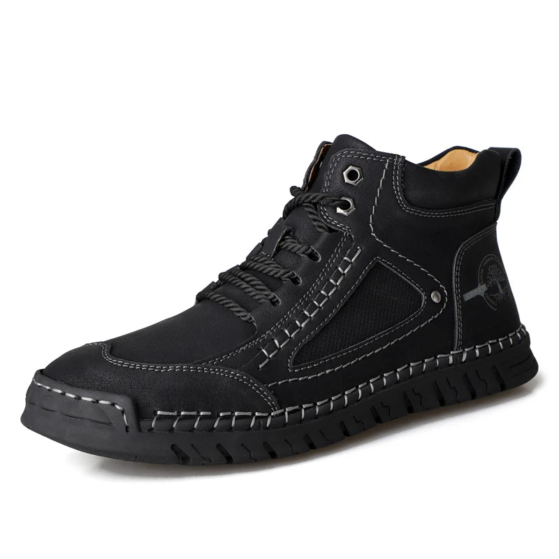 Men's Split Leather Round Toe Lace-Up Closure Casual Sneakers