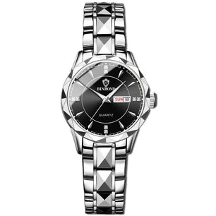 Women's Stainless Steel Case Push Button Hidden Clasp Round Watch