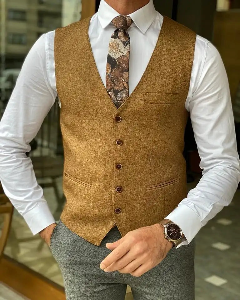 Men's Cotton Single Breasted Plain Pattern Formal Wear Suit Vest