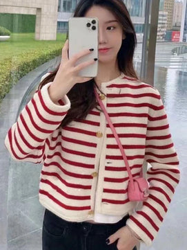 Women's Polyester O-Neck Long Sleeves Striped Pattern Sweater