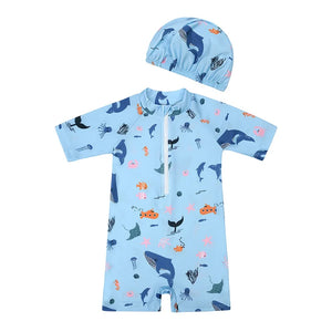 Kid's Boy Spandex Short Sleeve Printed Pattern Swimsuit With Cap
