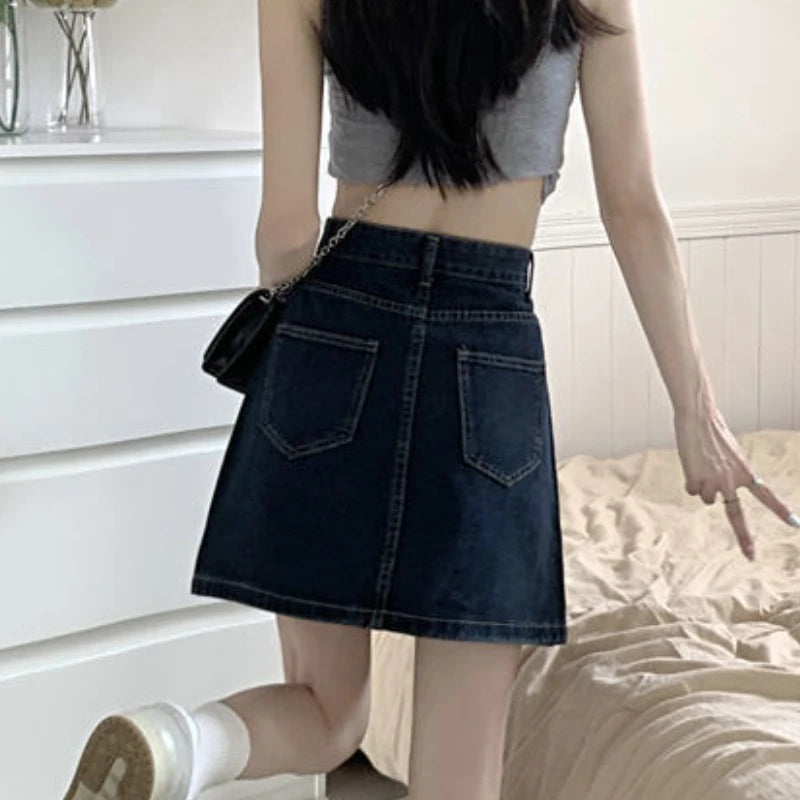 Women's Polyester High Waist Solid Pattern Casual Denim Skirts