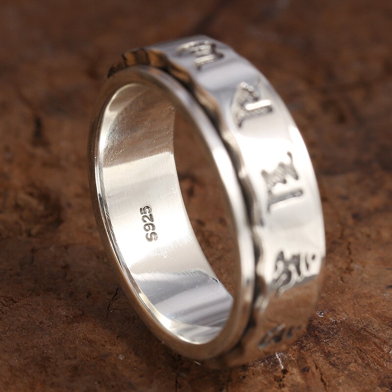 Men's 100% 925 Sterling Silver Round Pattern Trendy Rotating Ring