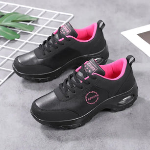 Women's Leather Round Toe Lace-up Closure Sports Wear Sneakers