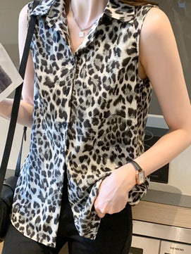 Women's Polyester Turn-Down Collar Sleeveless Leopard Blouse