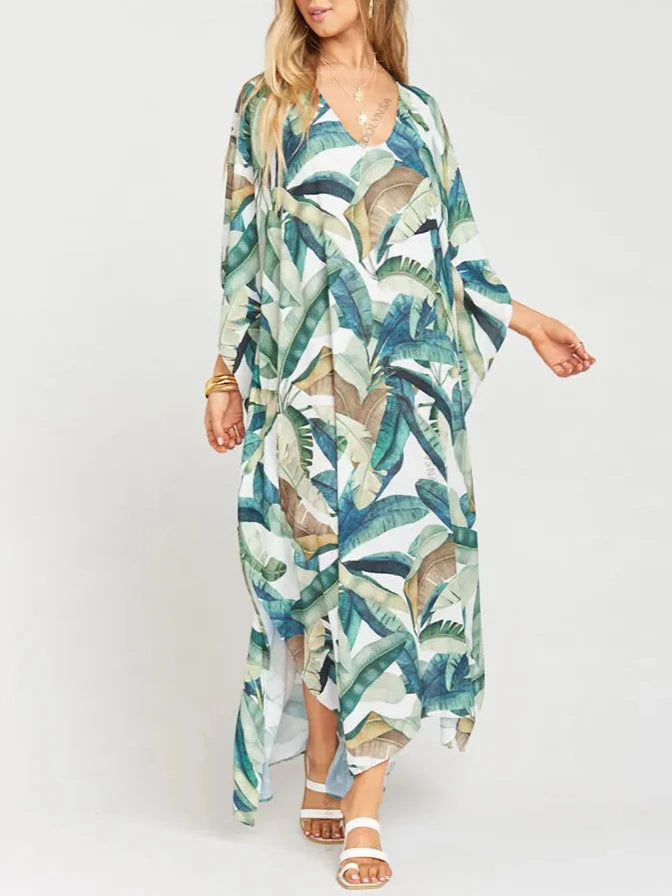 Women's Polyester V-Neck Long Sleeve Printed Pattern Maxi Dress