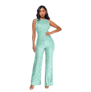 Women's Polyester O-Neck Sleeveless Sequined Pattern Jumpsuit