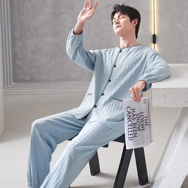 Men's Cotton O-Neck Long Sleeve Solid Pattern Sleepwear Set