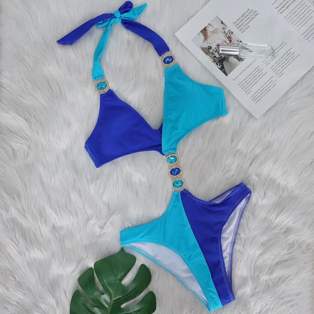 Women's Polyester V-Neck Mid Waist Mixed Color Bathing Bikini Set