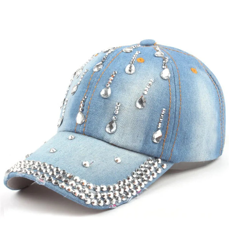 Women's Denim Adjustable Strap Pattern Rhinestone Casual Cap