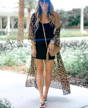 Women's Polyester Long Sleeves Leopard Kaftan Beach Cover Up