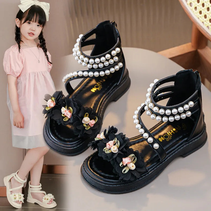 Kid's Synthetic Open Toe Beaded Pattern Hook Loop Closure Sandals