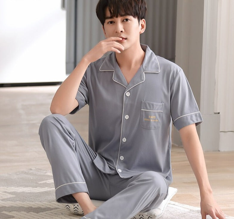 Men's Cotton Short Sleeves Elastic Waist Sleepwear Pajamas Set