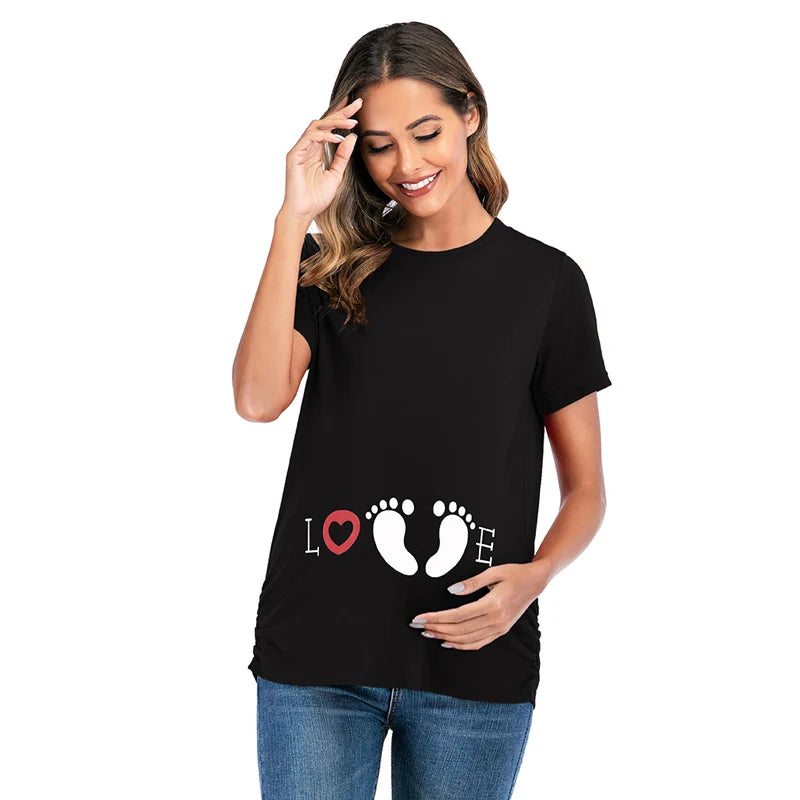 Women's Polyester O-Neck Short Sleeves Letter Maternity T-Shirt