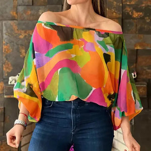 Women's Polyester Slash Neck Long Printed Pattern Casual Blouse