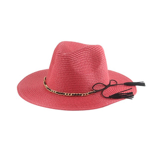 Women's Straw Solid Pattern Trendy Sun Protection Chain Brim Hat